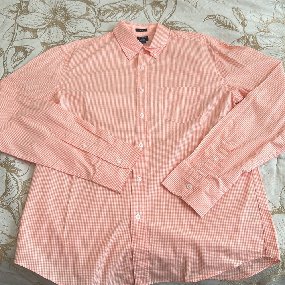 NWT J.Crew Men's Large Slim Flex Washed Long Sleeve Shirt Orange Gingham - Picture 2 of 4